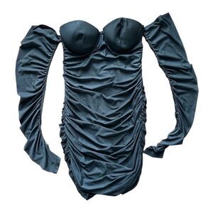 oh polly black bustier corset mini dress with mesh sleeve